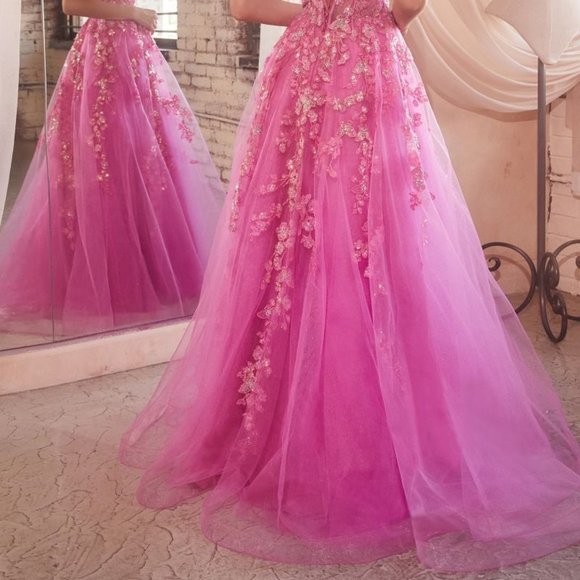 NEW A-LINE SLEEVELESS FORMAL TULLE DRESS EMBROIDERED WITH FLORAL LACE CD CM347 - Picture 7 of 10